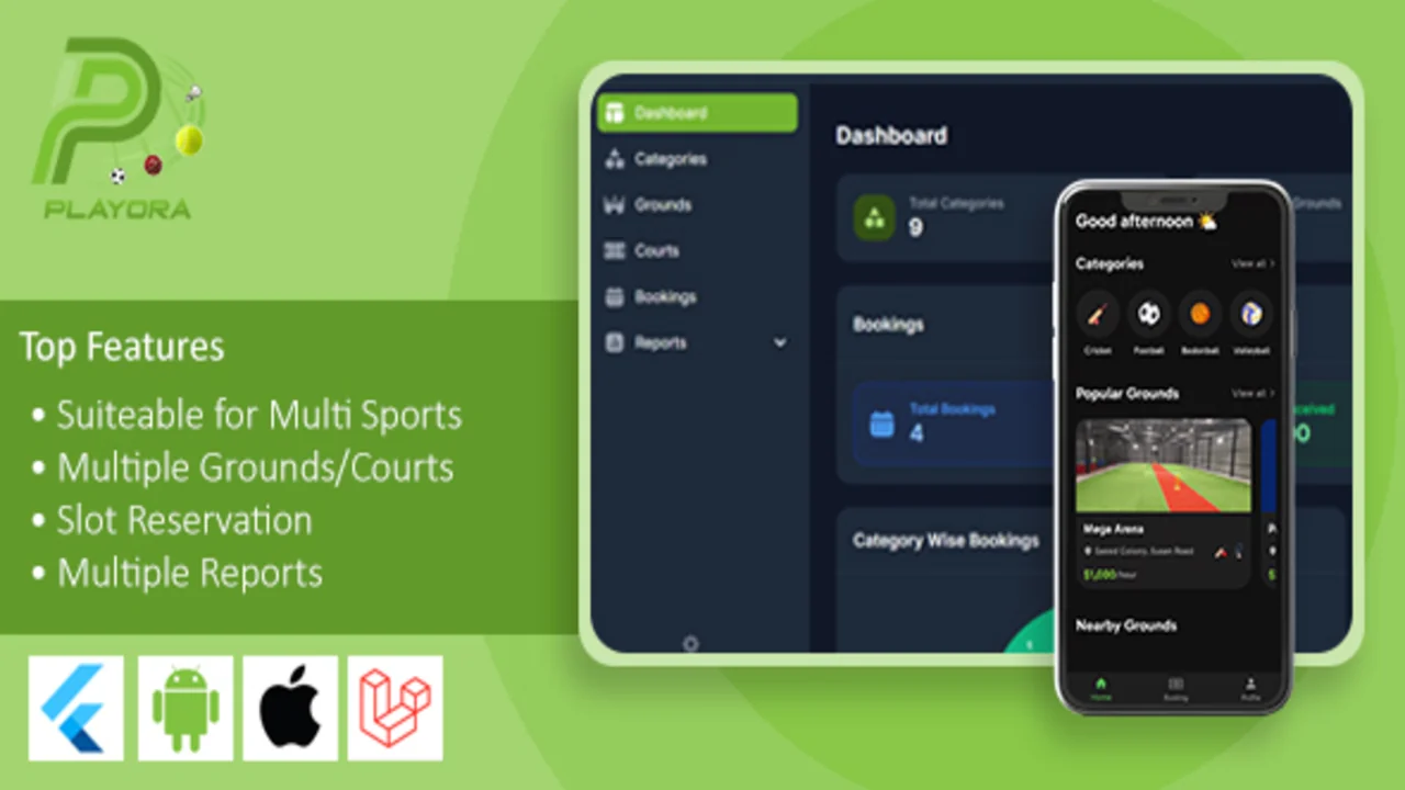 Playora v1.0 Multi-Sport Ground & Court Booking Mobile App with Laravel Admin Source